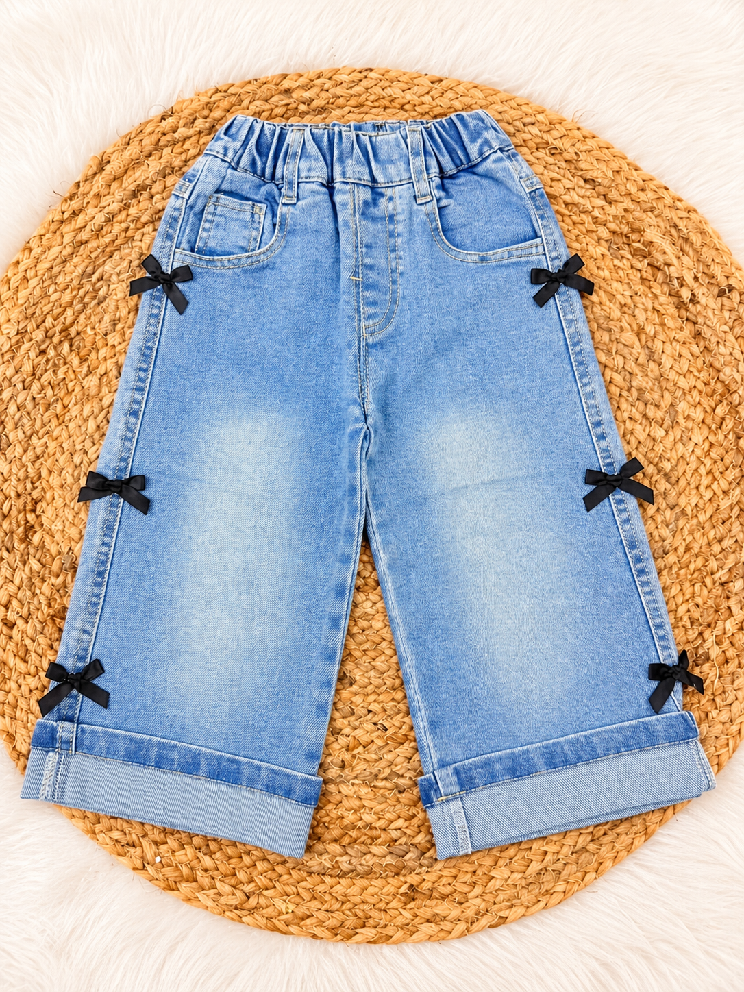 Light Blue Denim Pants with Black Bow Details