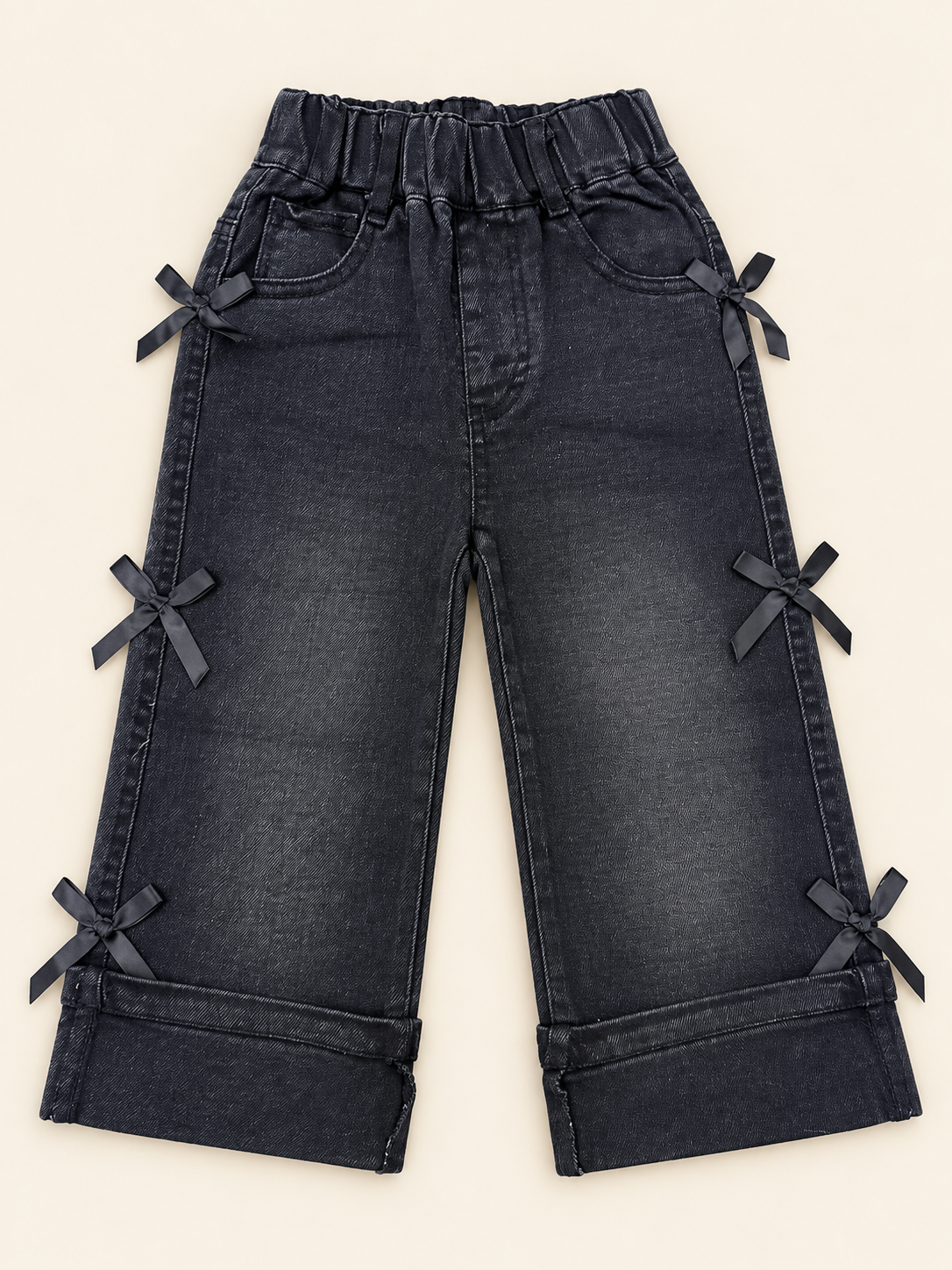 Black Denim Pants with Bow Details & Folded Cuffs