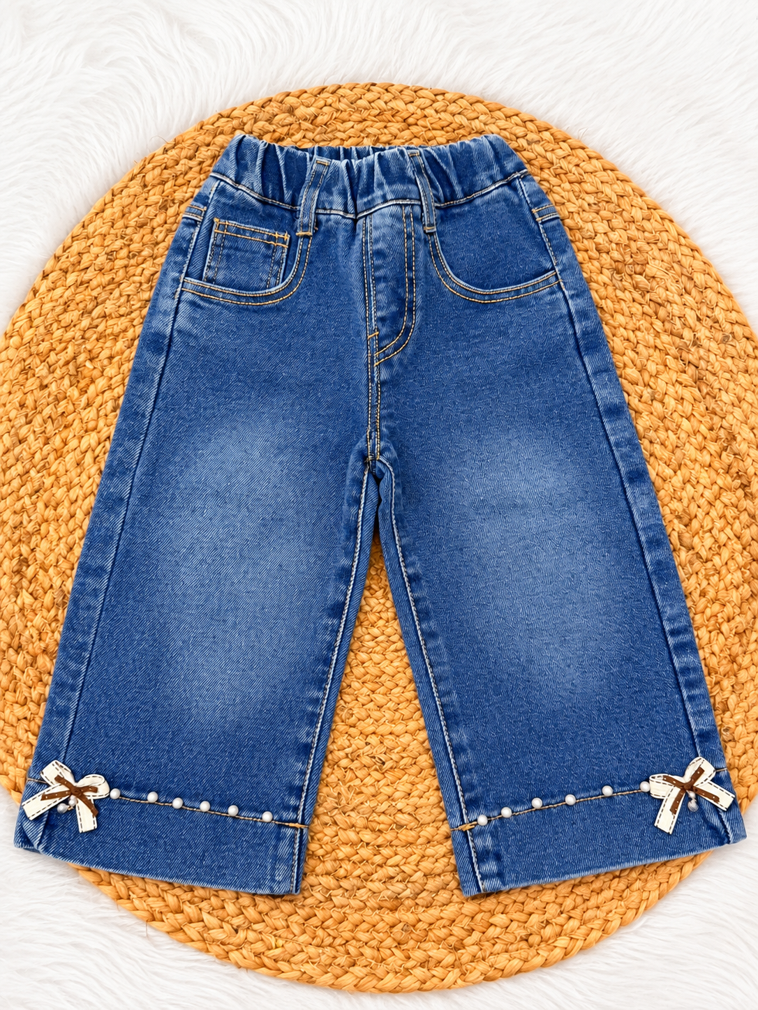 Blue Denim Pants with Bow & Pearl Detailing